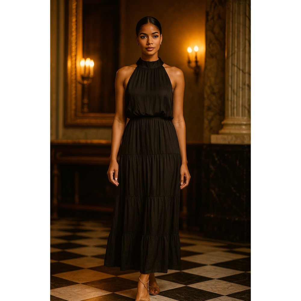 Sam Edelman Dress Women‎ 14 Black Sleeveless Midi Tie Back Tiered Elegant Party